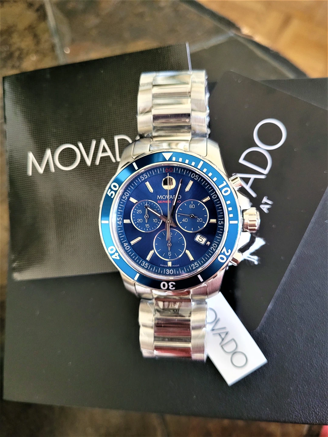 Movado Series 800 Chronograph Blue Dial Stainless Steel Watch