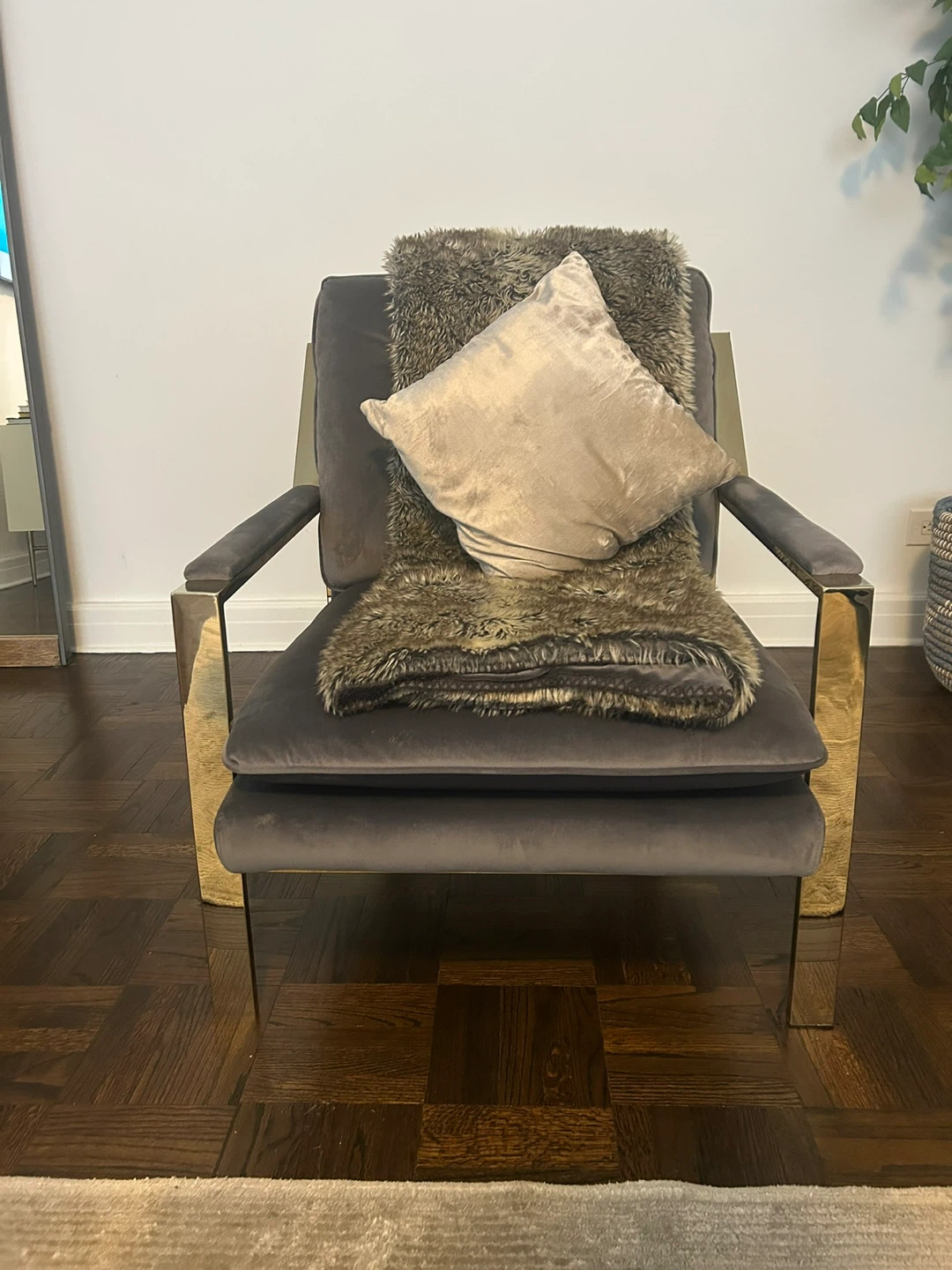 Grey Velvet Accent Chair with Gold Frame