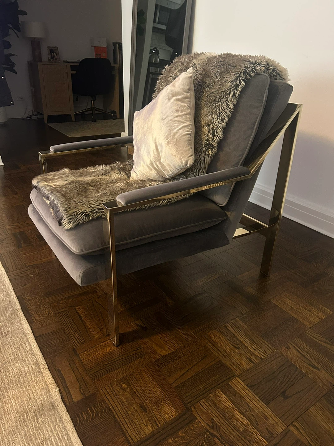 Grey Velvet Accent Chair with Gold Frame - photo 3