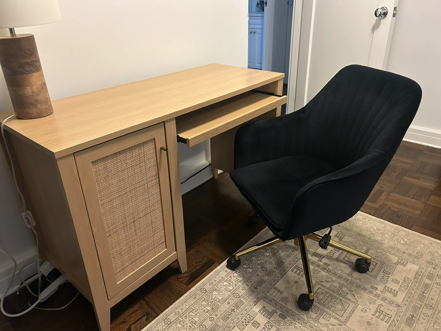 Light Wood Desk with Cane Door and Pull-Out Keyboard Tray