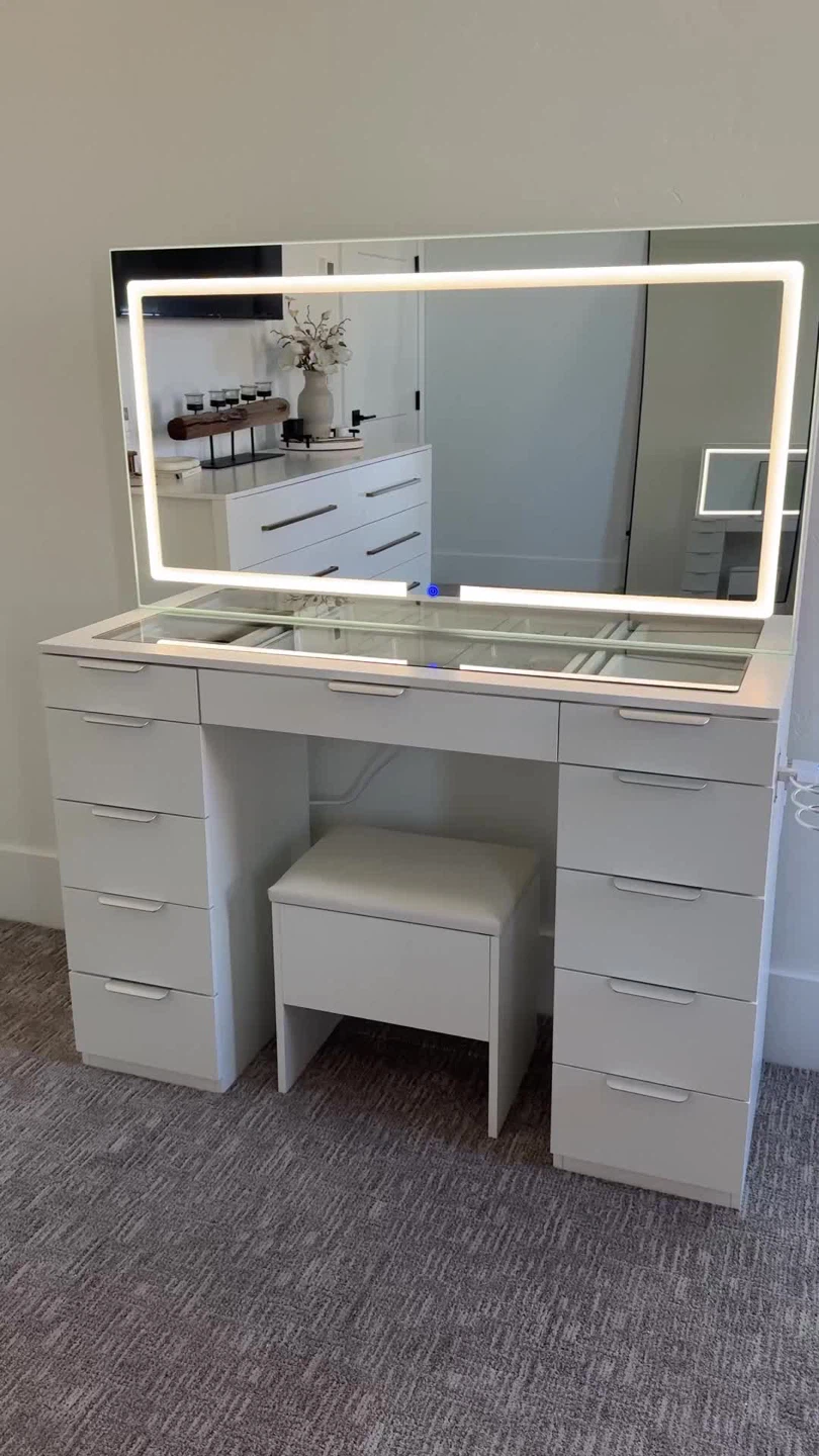 White Vanity Set with Lighted Mirror and Stool