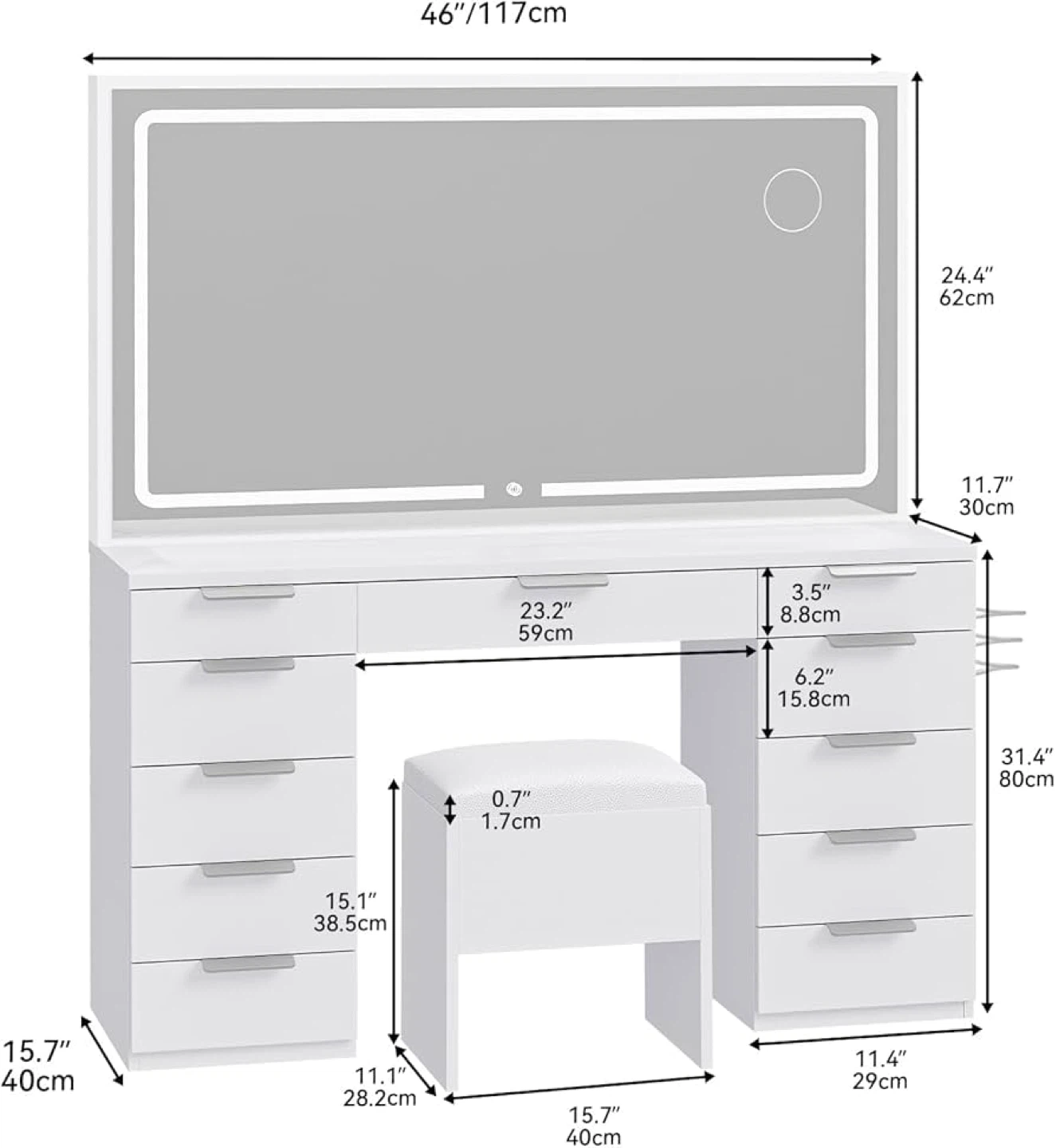 White Vanity Set with Lighted Mirror and Stool - photo 2