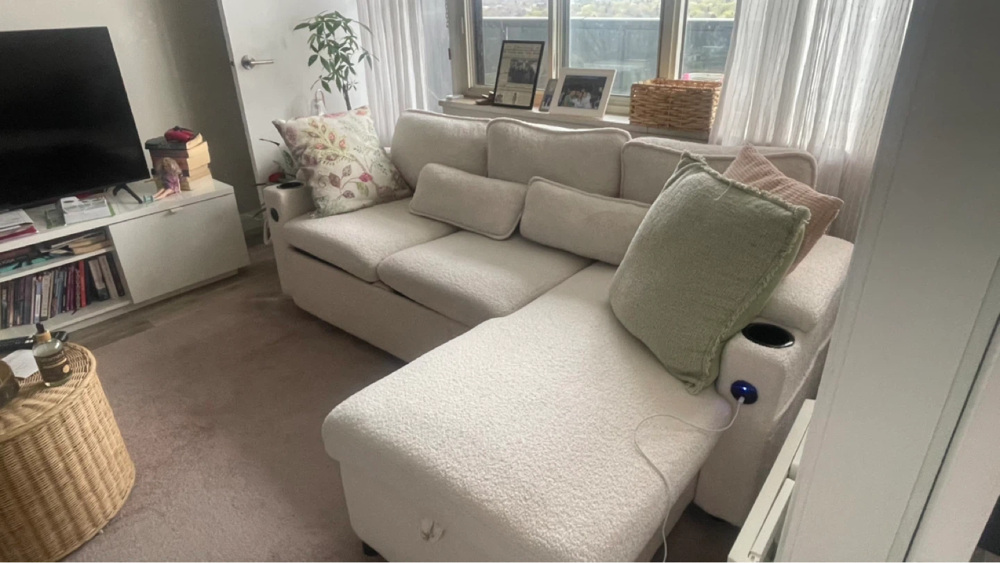 White Boucle Sectional Sofa with Cup Holders and USB - photo 2