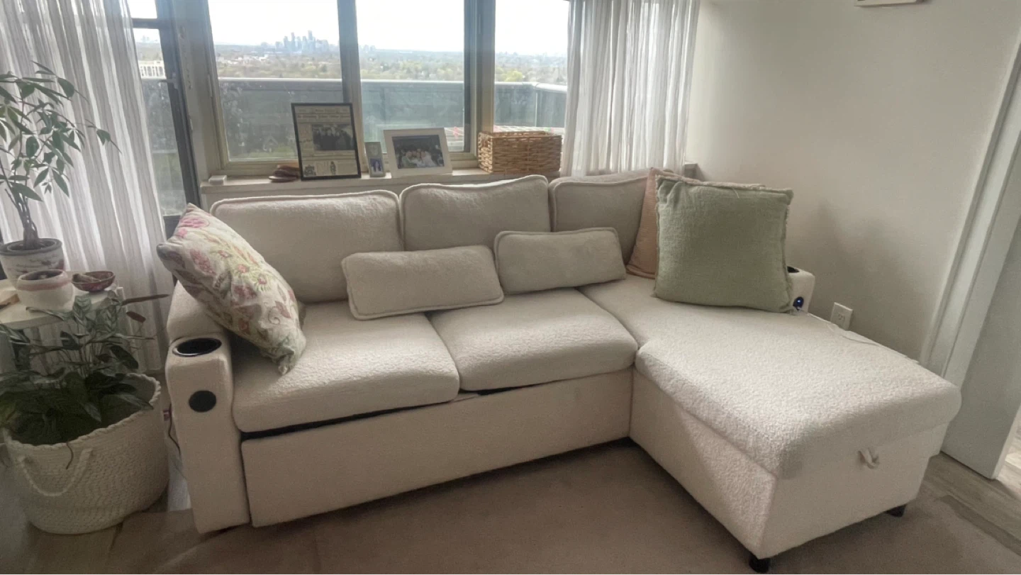 White Boucle Sectional Sofa with Cup Holders and USB