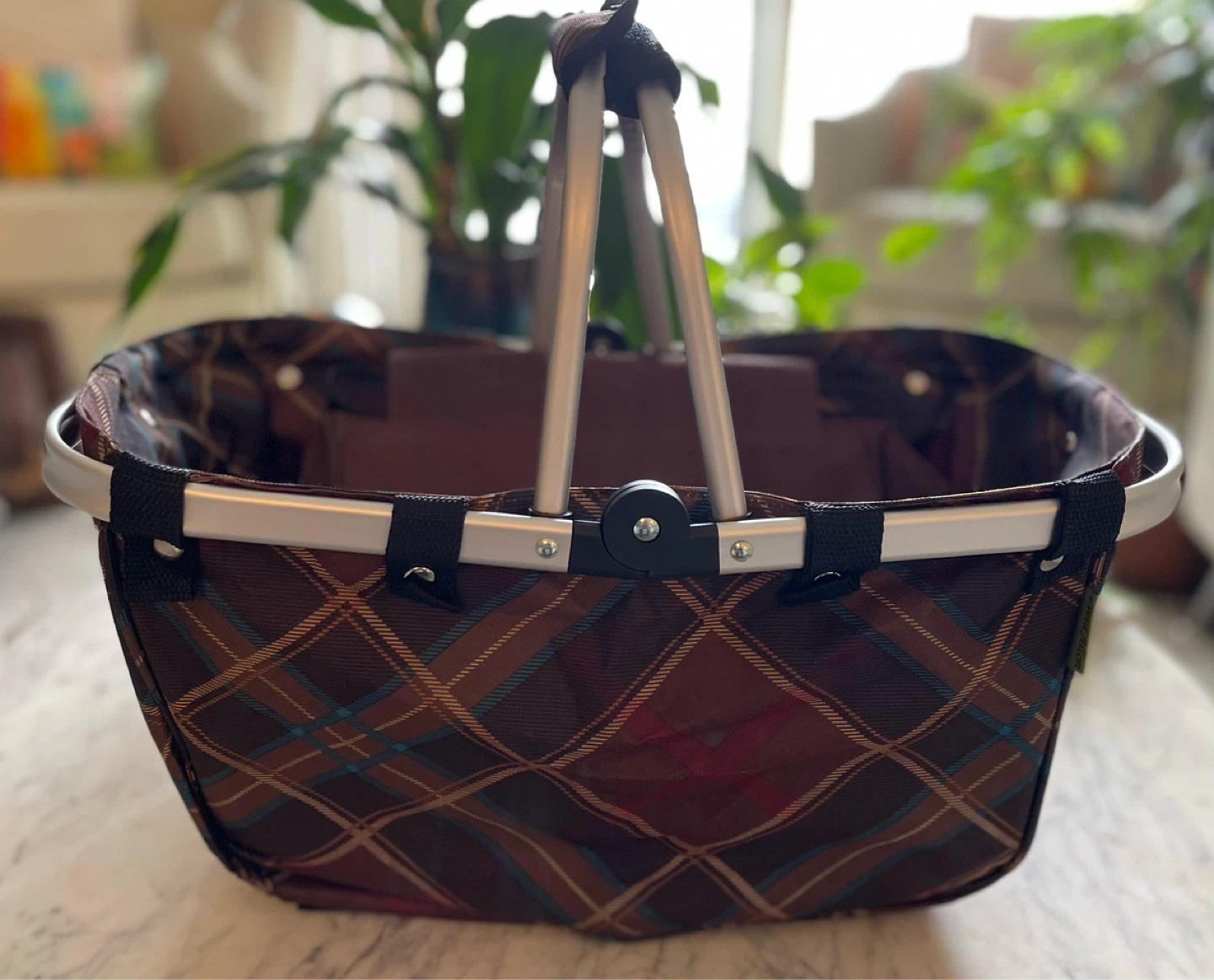 Tartan Shopping Basket with Collapsible Frame
