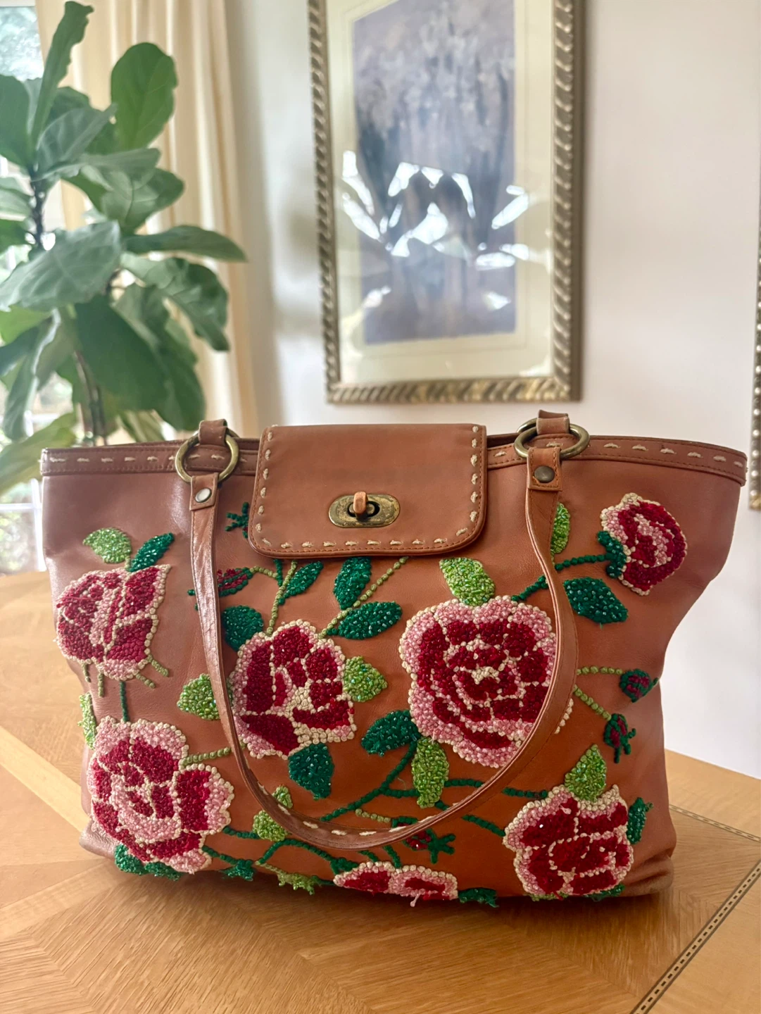 Isabella Fiore - Brown Leather Floral Beaded Purse