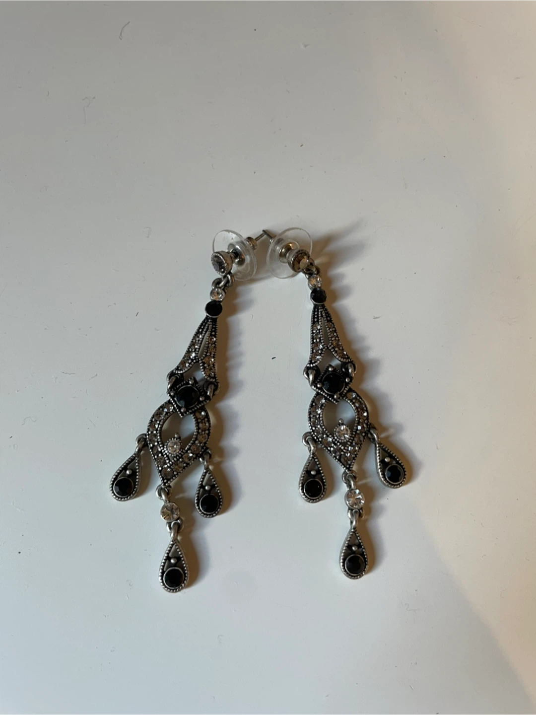 Dangle Chandelier Earrings with Black and Clear Gems