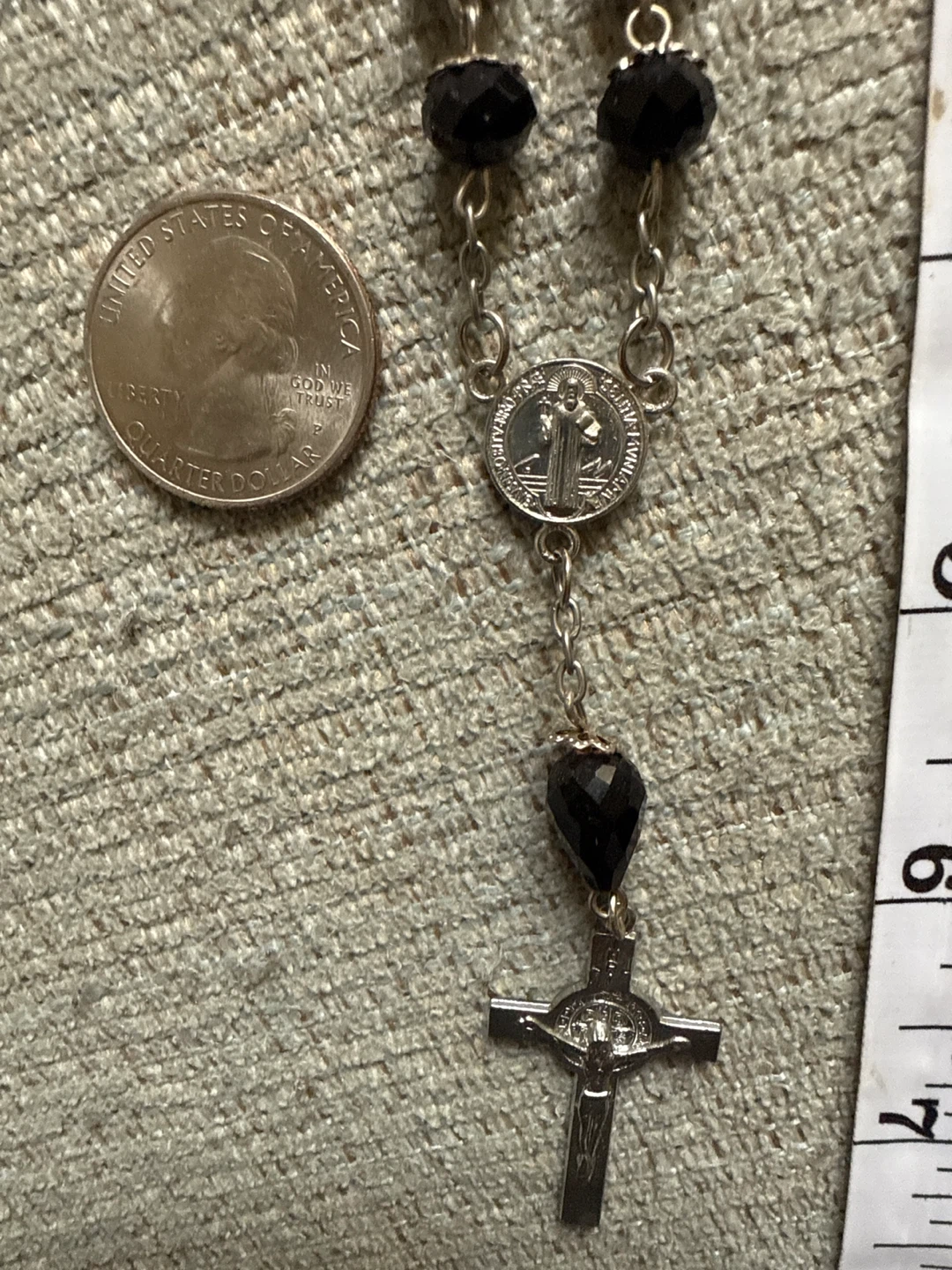 🌱Black Bead Rosary with Silver Tone Cross and Medal - photo 2