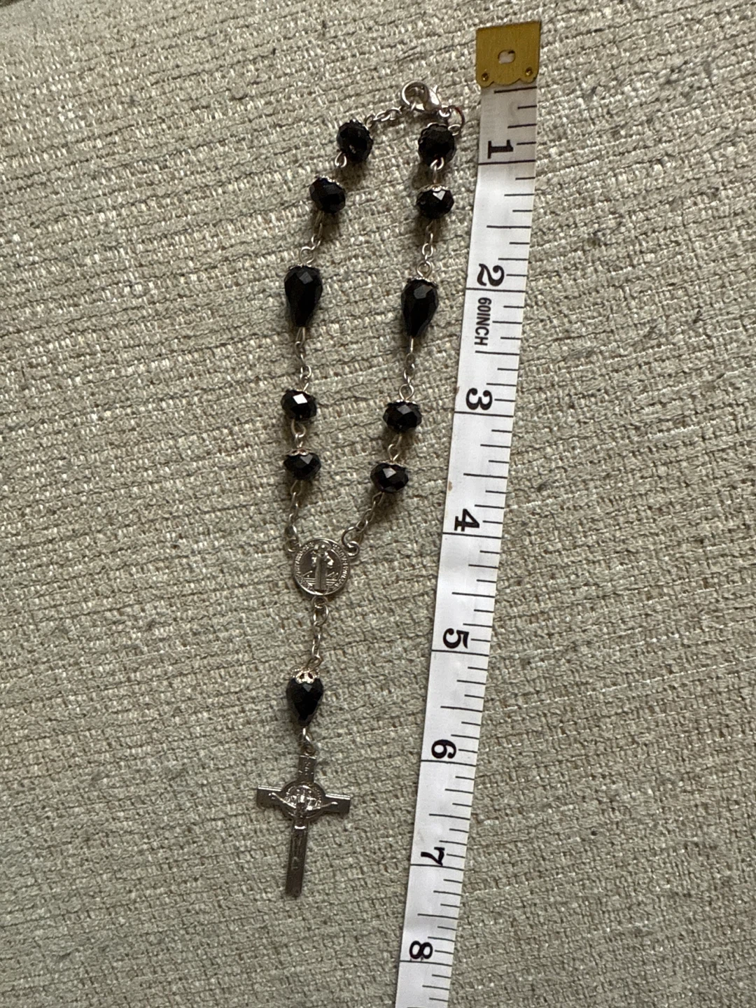 🌱Black Bead Rosary with Silver Tone Cross and Medal