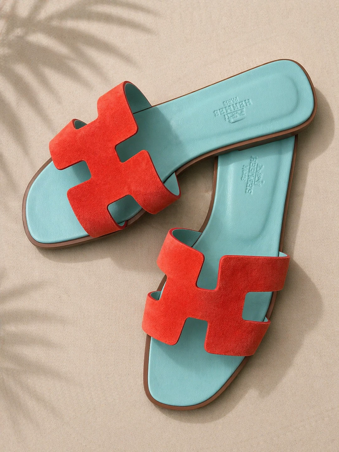 Hermes "H" Slides - Coral and Aqua