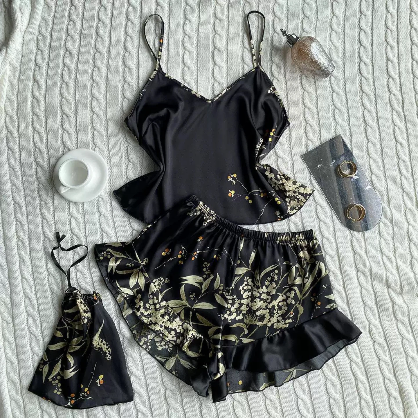 Floral Print Silk Pajama Set - Black - photo 2