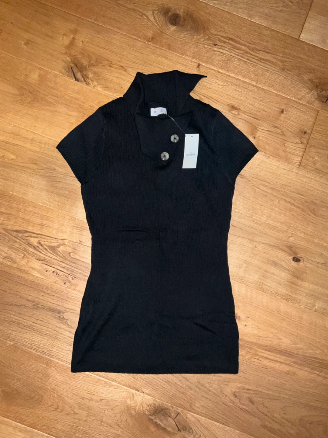 Hollister Black Ribbed Short Sleeve Button tunic