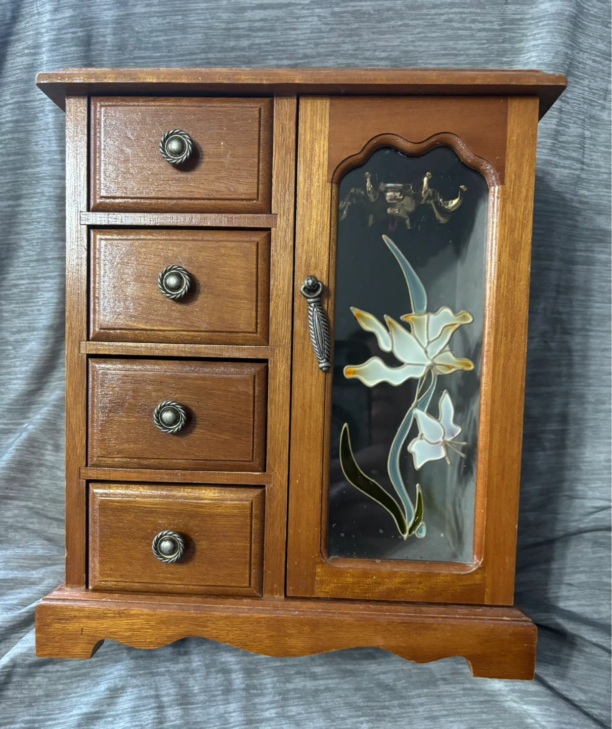 Glass Door Wood Jewellery Box w/ 4 Drawers
