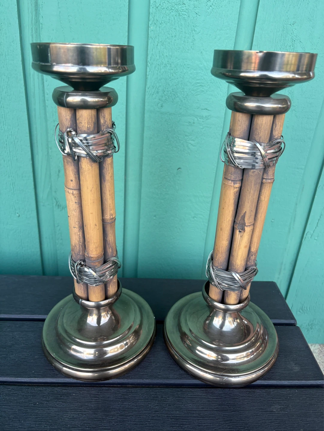 Bamboo and Metal Pillar Candle Holders (Set of 2)