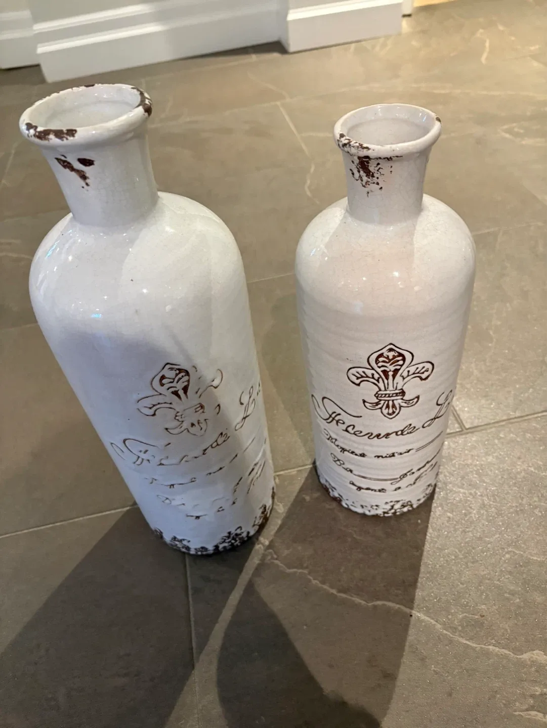 Set of 2 White Ceramic Vases with French Script