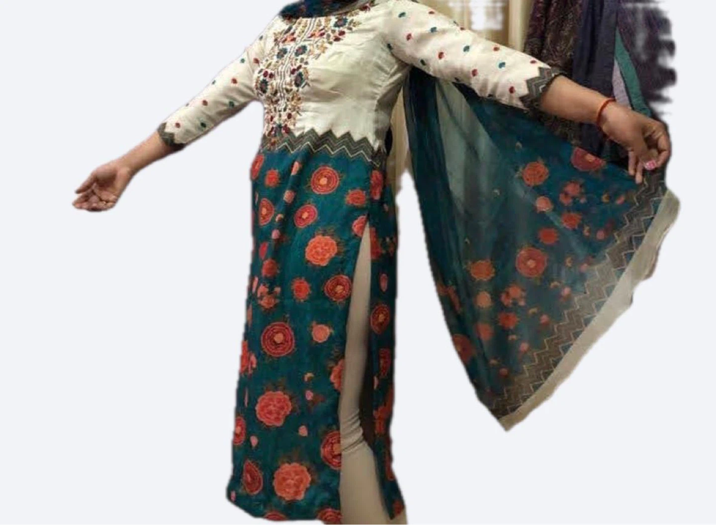 Embroidered Teal and Cream Salwar Kameez with Dupatta