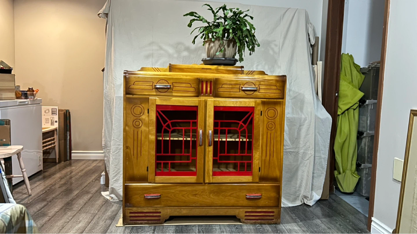 Vintage Wooden Cabinet with Red Accents