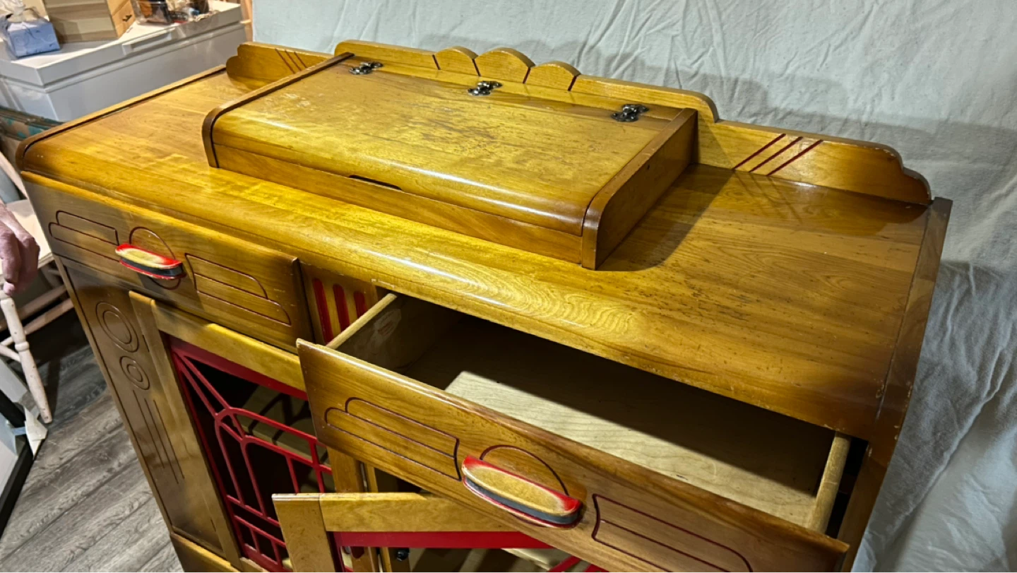 Vintage Wooden Cabinet with Red Accents - photo 3