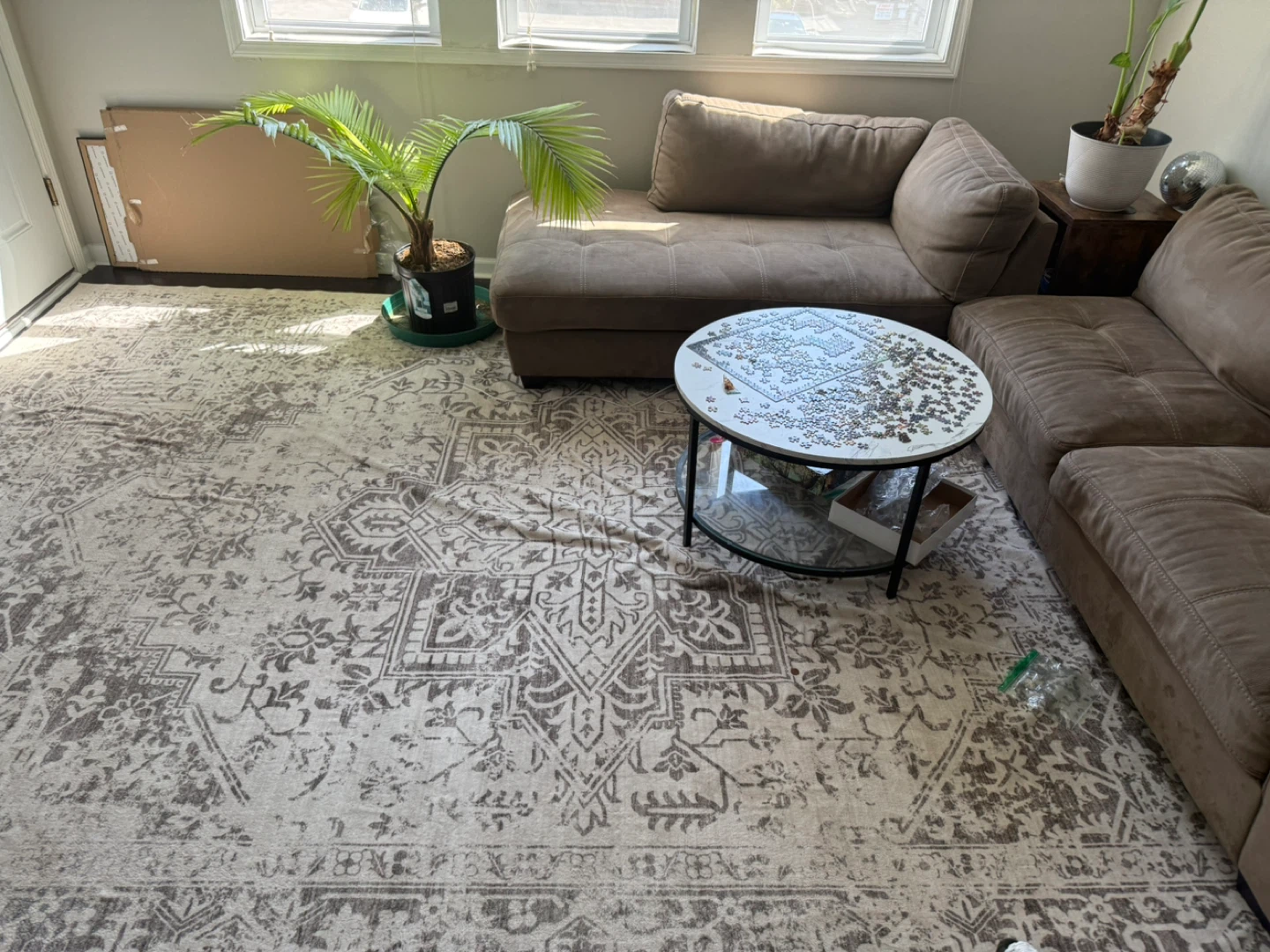 Large area rug with distressed medallion pattern
