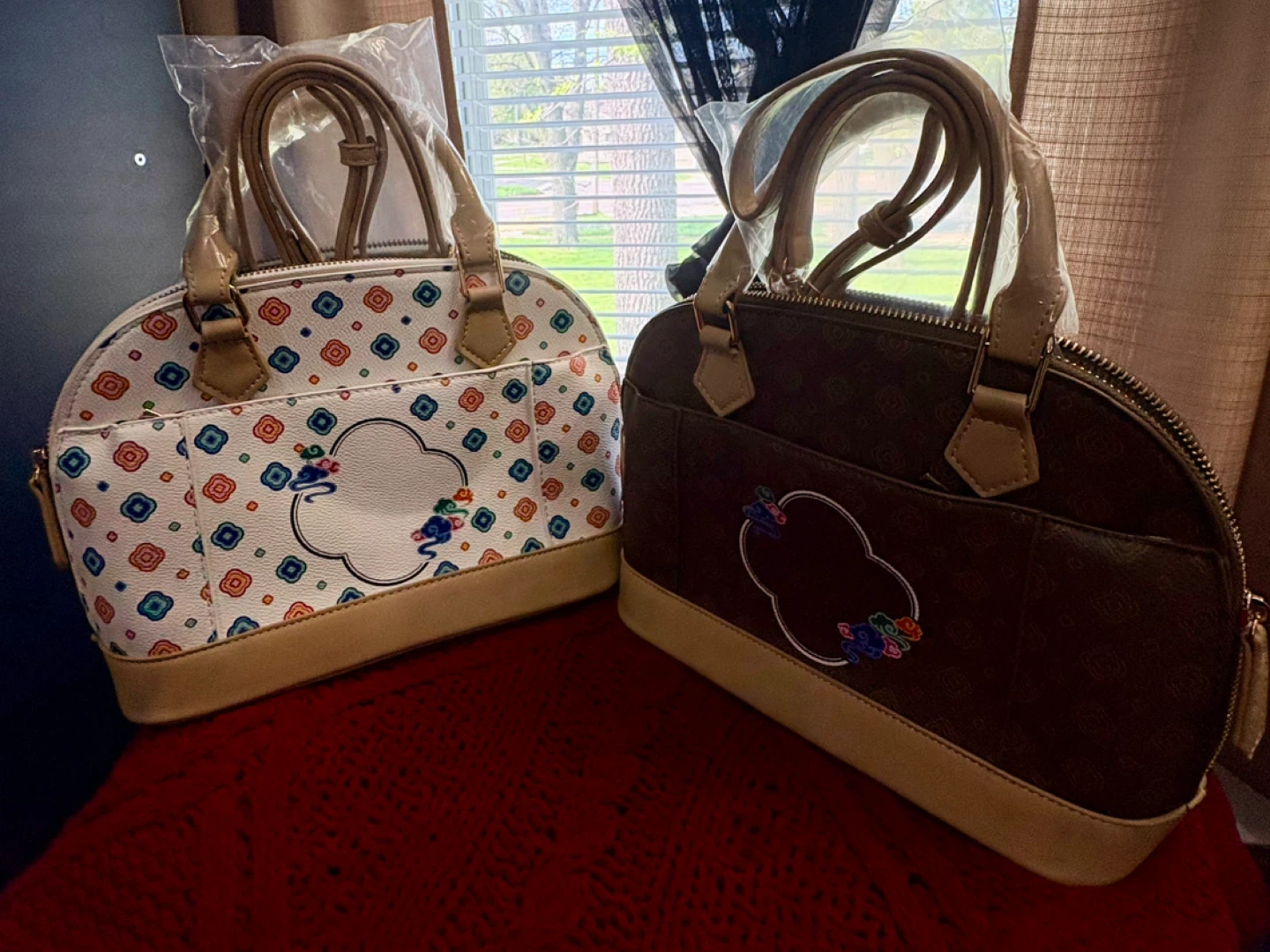 Dome Satchel Handbags - White & Brown Pattern