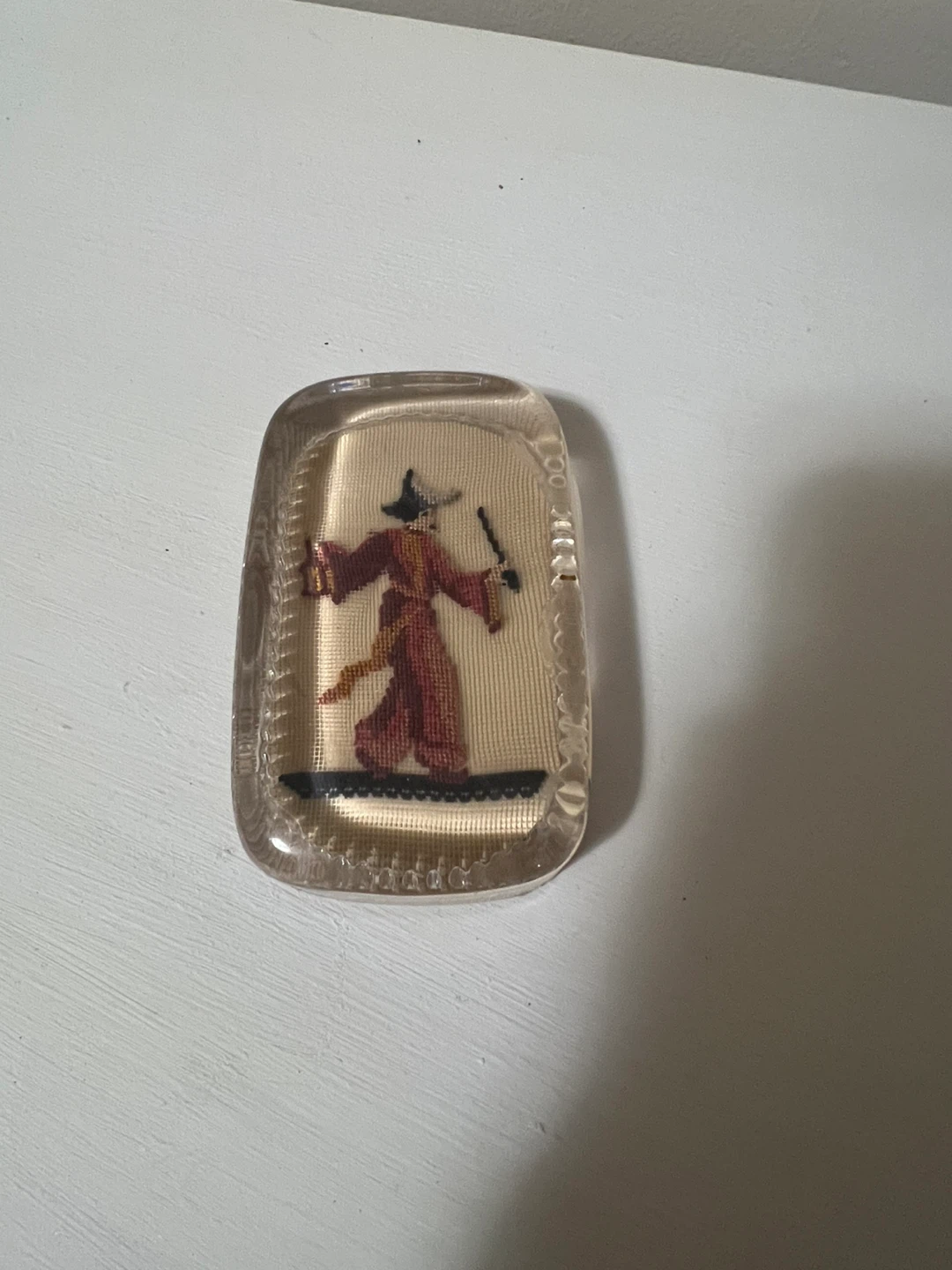 Vintage Needlepoint Figure Heavy Glass Cabochon Paperweight