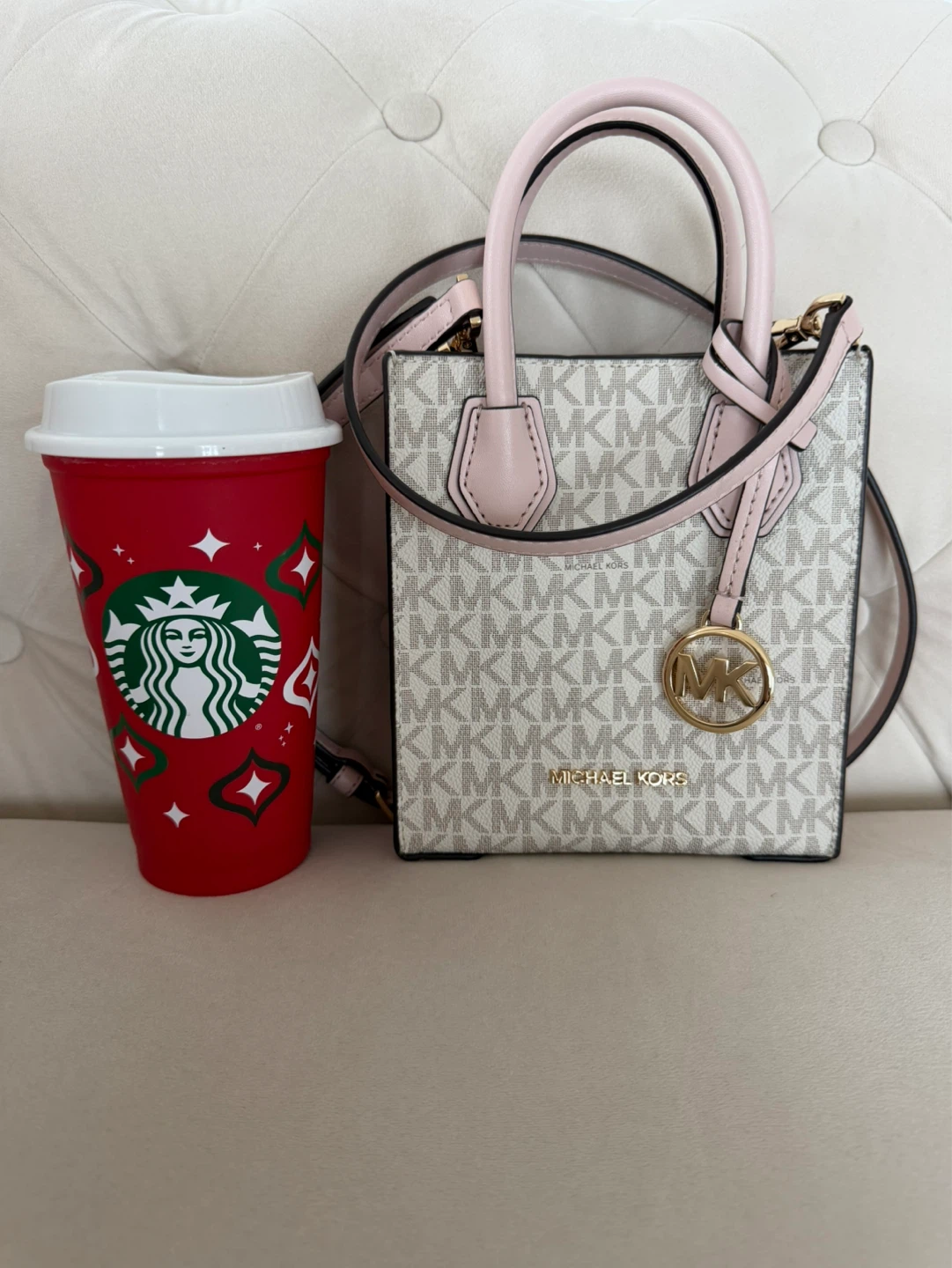 Michael Kors "MK" Logo Mini Mercer Tote Bag - Pink & White - photo 2