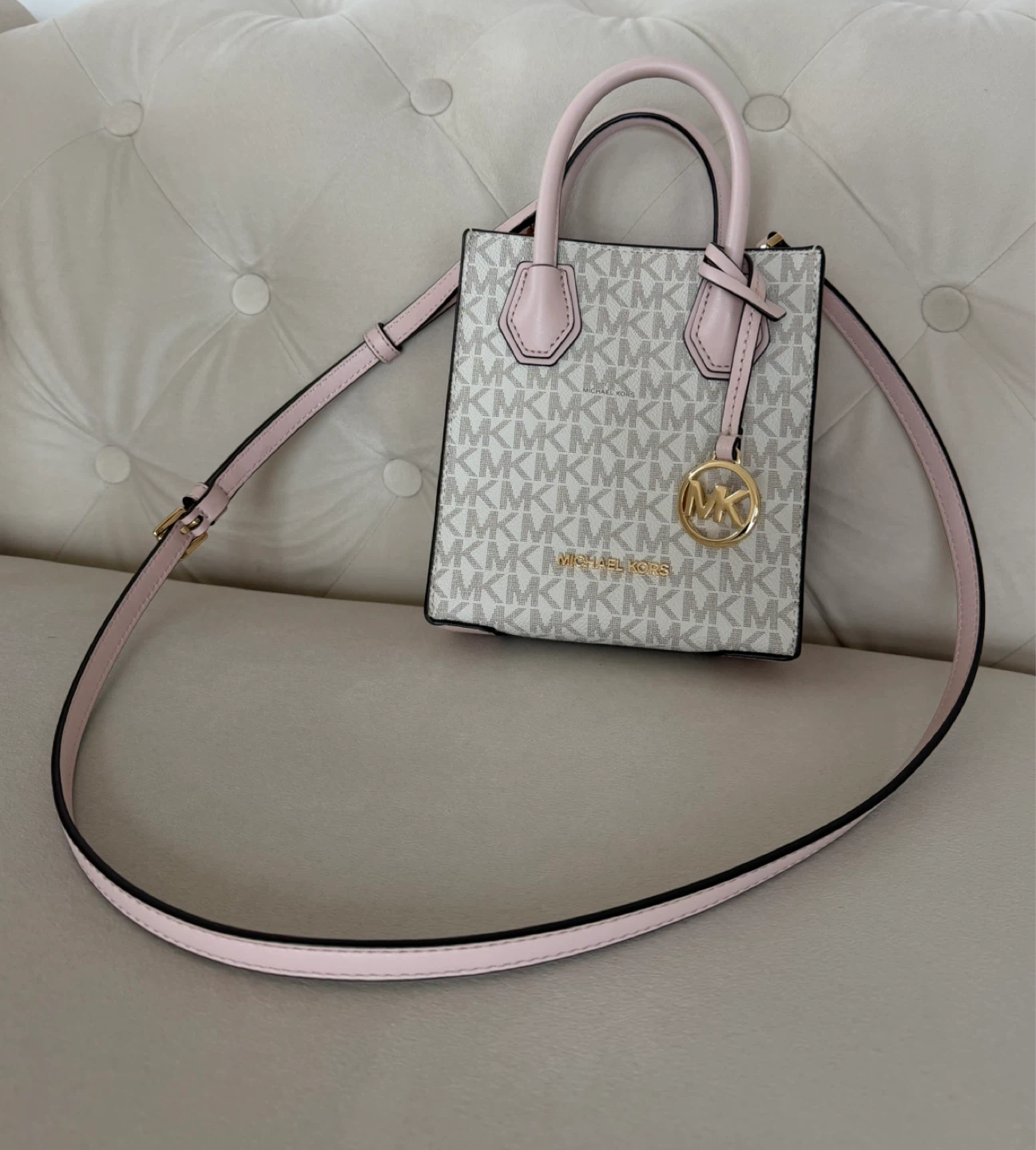 Michael Kors "MK" Logo Mini Mercer Tote Bag - Pink & White