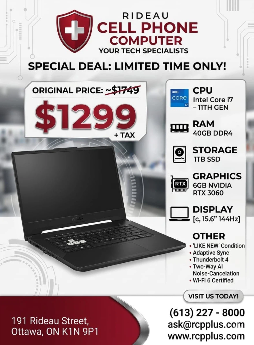 ASUS Gaming Laptop - Intel Core i7, 40GB RAM, 1TB SSD, RTX 3060
