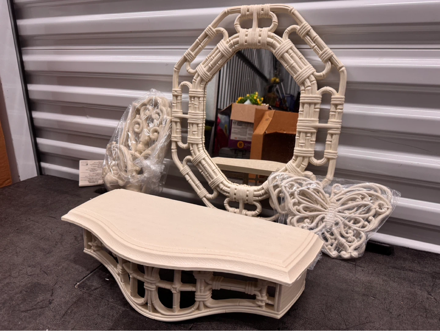Ornate Ivory Mirror Shelf and Butterfly Decor Set