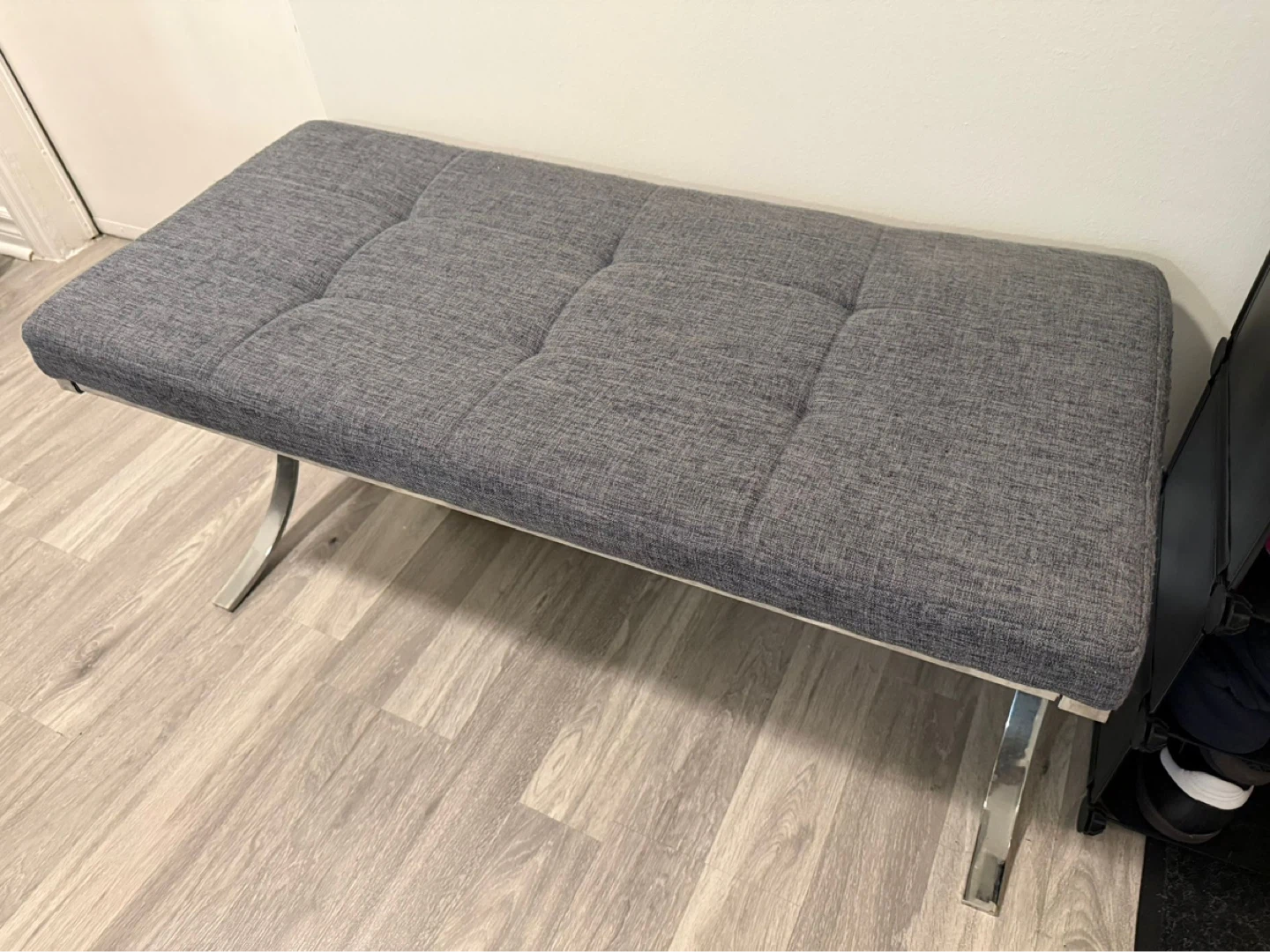 Grey Tufted Bench with Chrome Legs