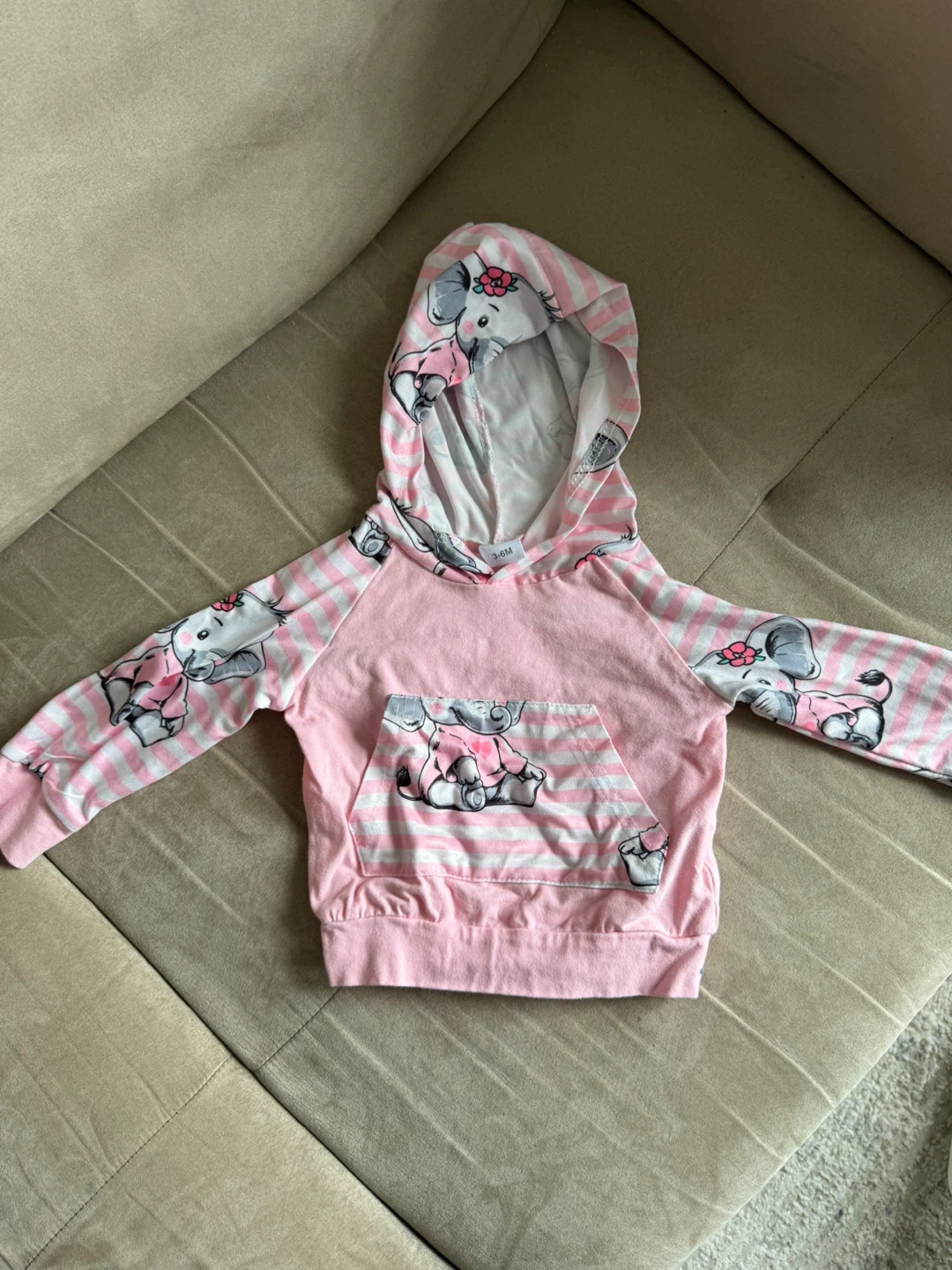 Pink cotton Elephant Hoodie 3-6M