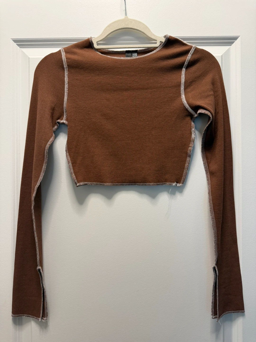 Garage Brown Ribbed Long Sleeve Crop Top (Size XS)