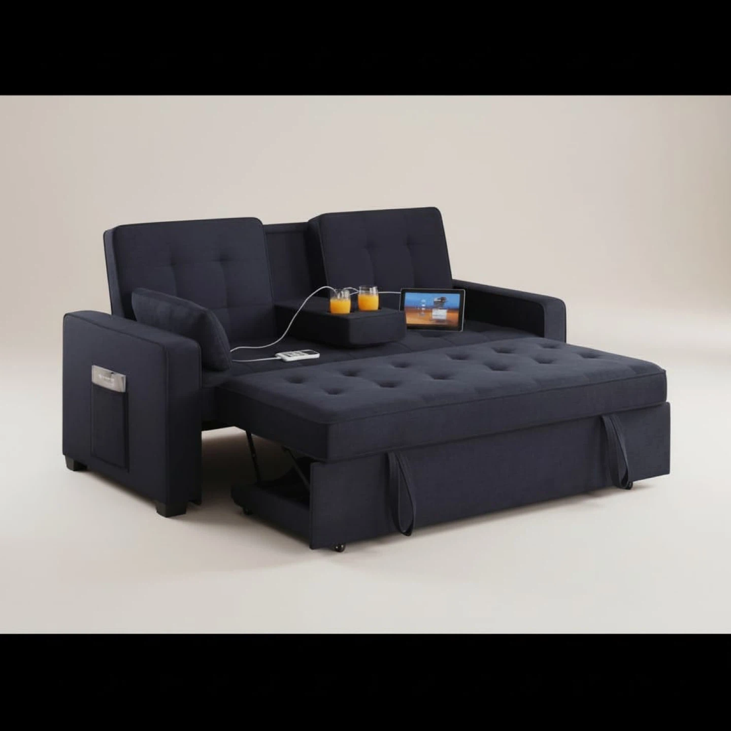 Navy Blue loveseat Bed with usb ports cup holders - photo 2