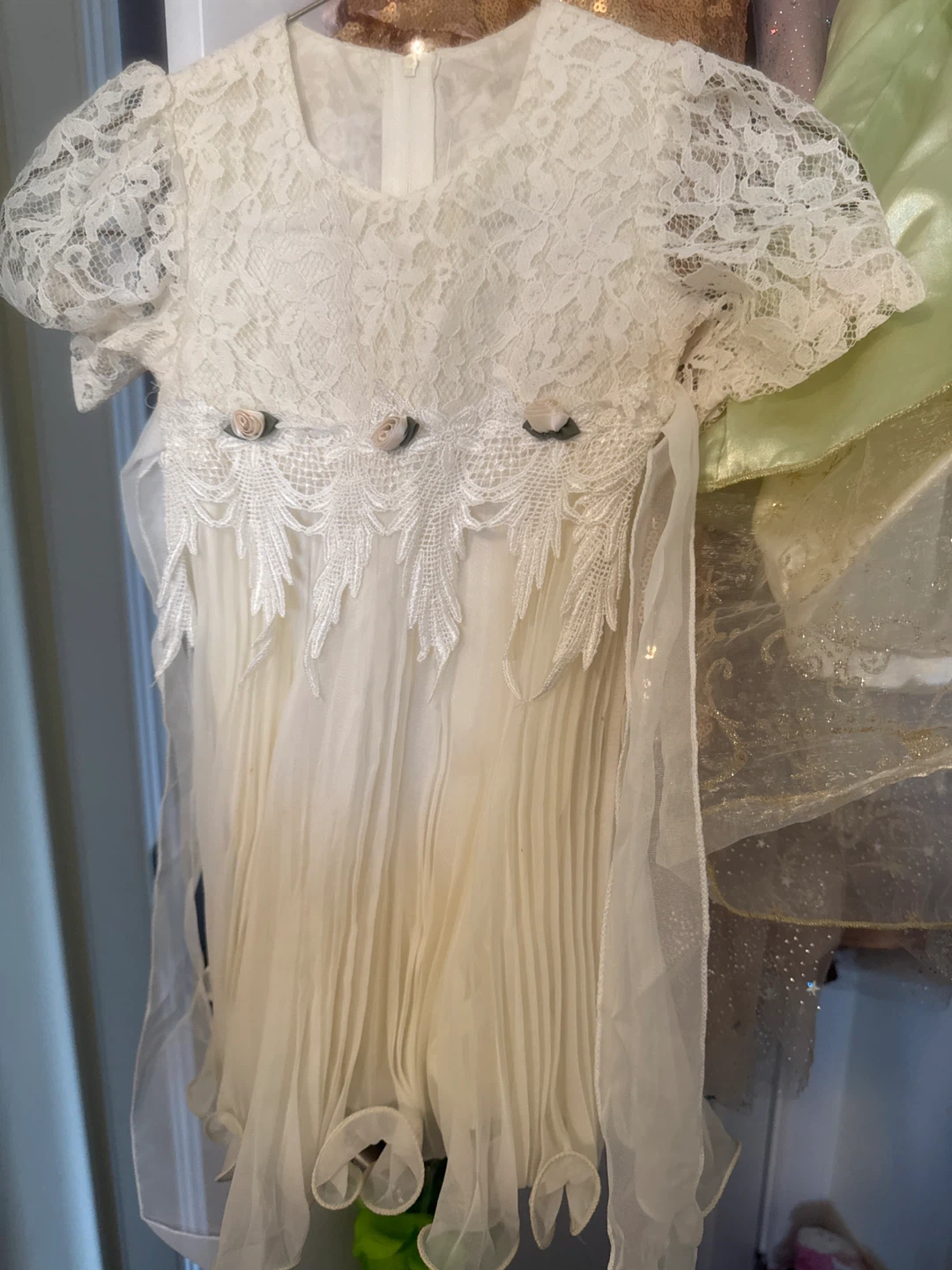 Cream Lace and Pleated Dress with Bow Detail
