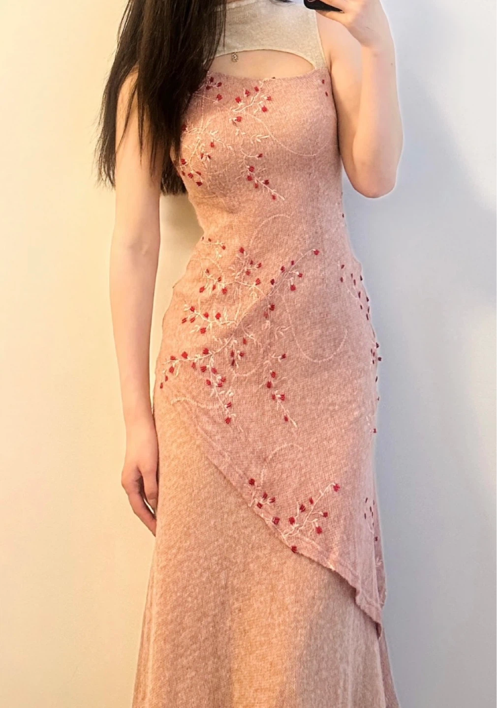 Pink Knit Dress with Red Beaded Embellishments