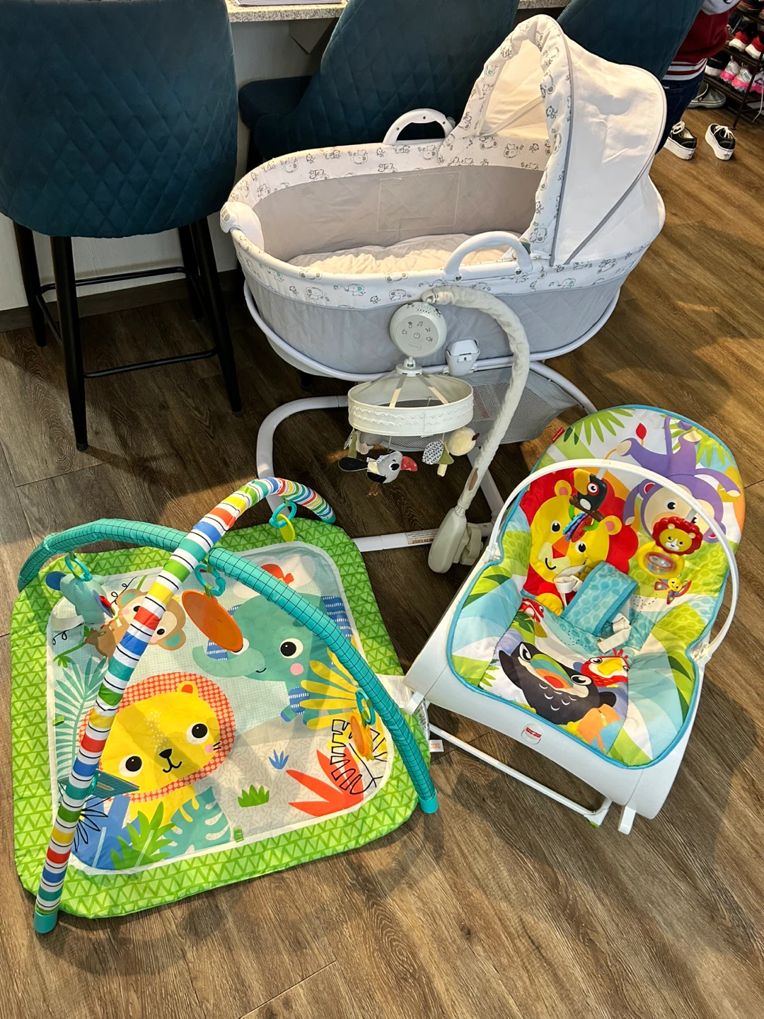 Baby Bassinet, Mobile, Scalling Chair, and Play Mat Bundle