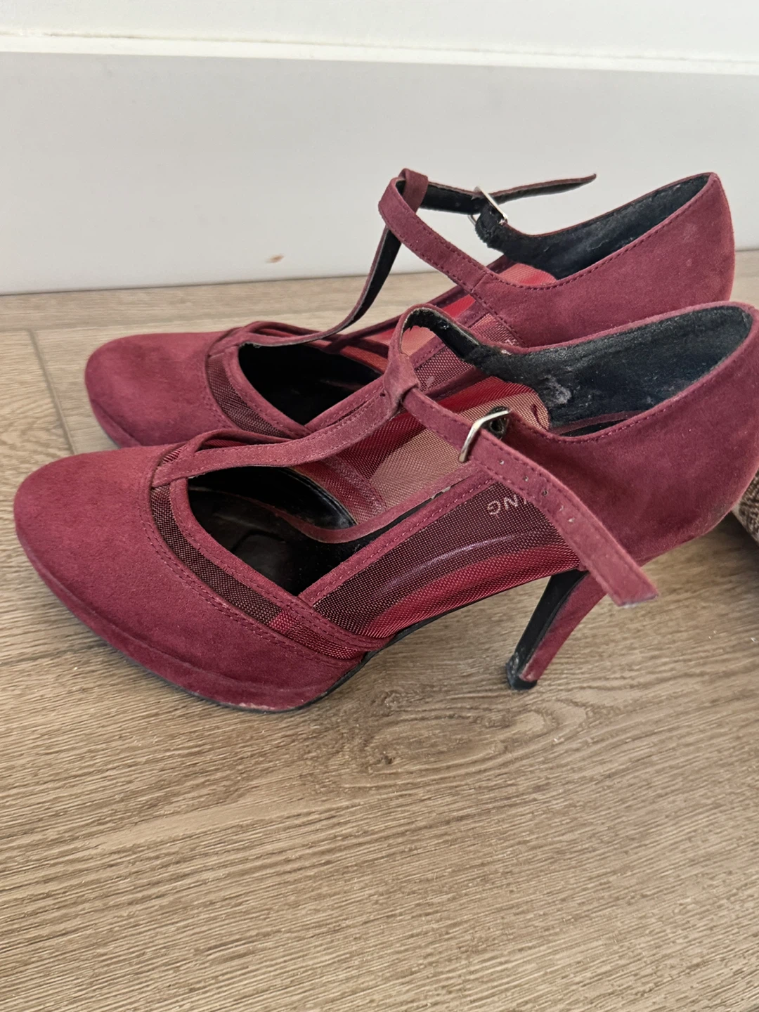 Spring Burgundy T-Strap Mesh Heels Size 7 - photo 3