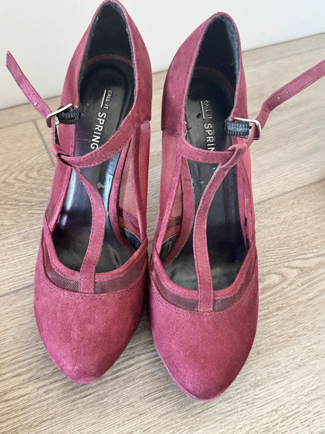 Spring Burgundy T-Strap Mesh Heels Size 7