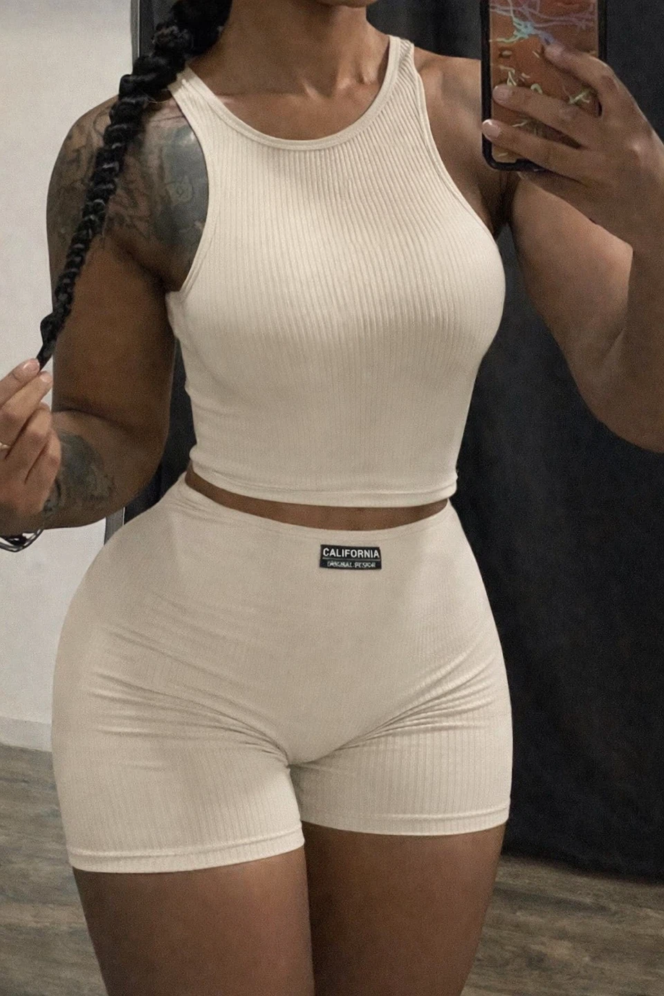 Ribbed Crop Tank and Shorts Set - Beige