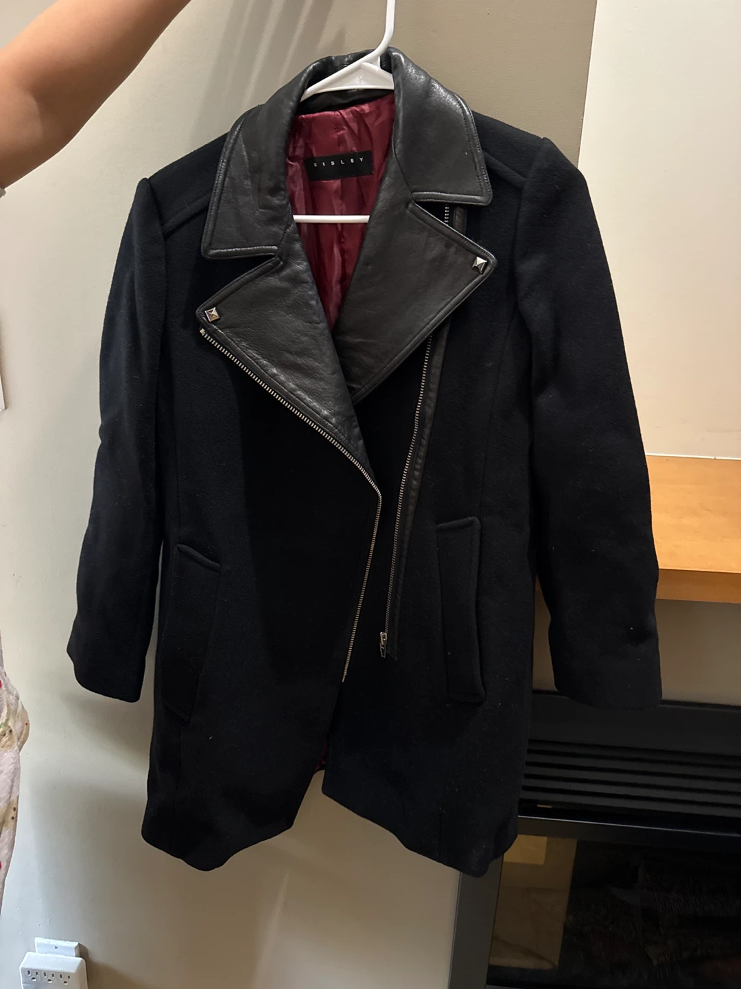 SINSAY Black Wool Blend Biker Jacket with Faux Leather Trim