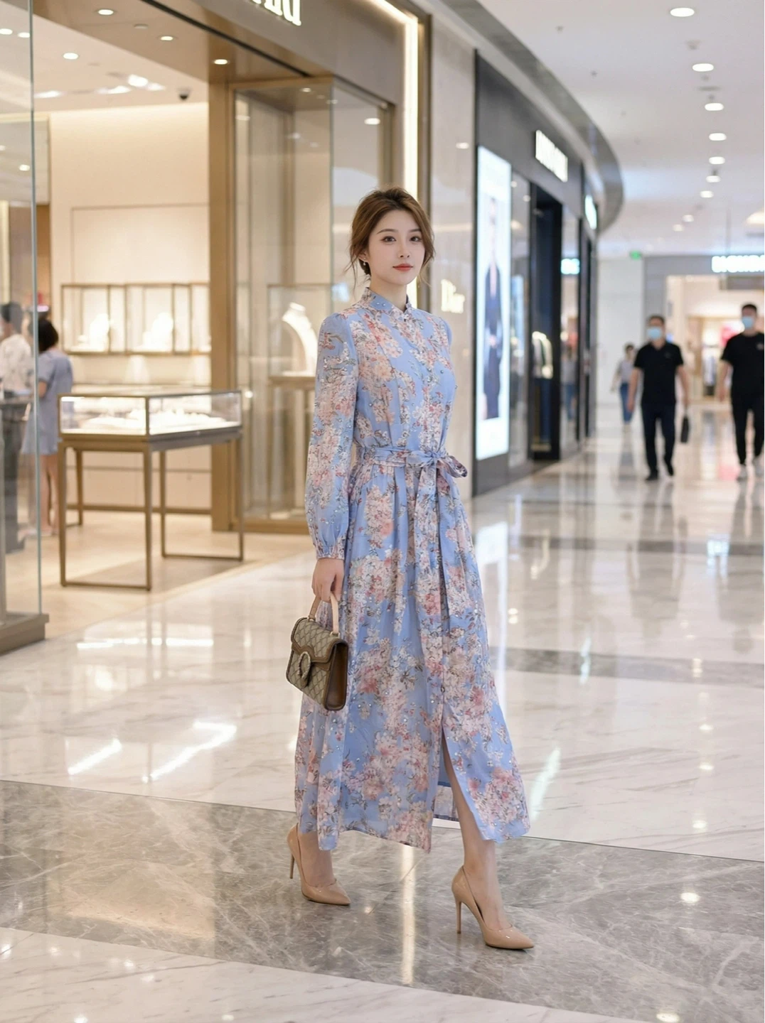 Light Blue Floral Print Midi Dress S/M