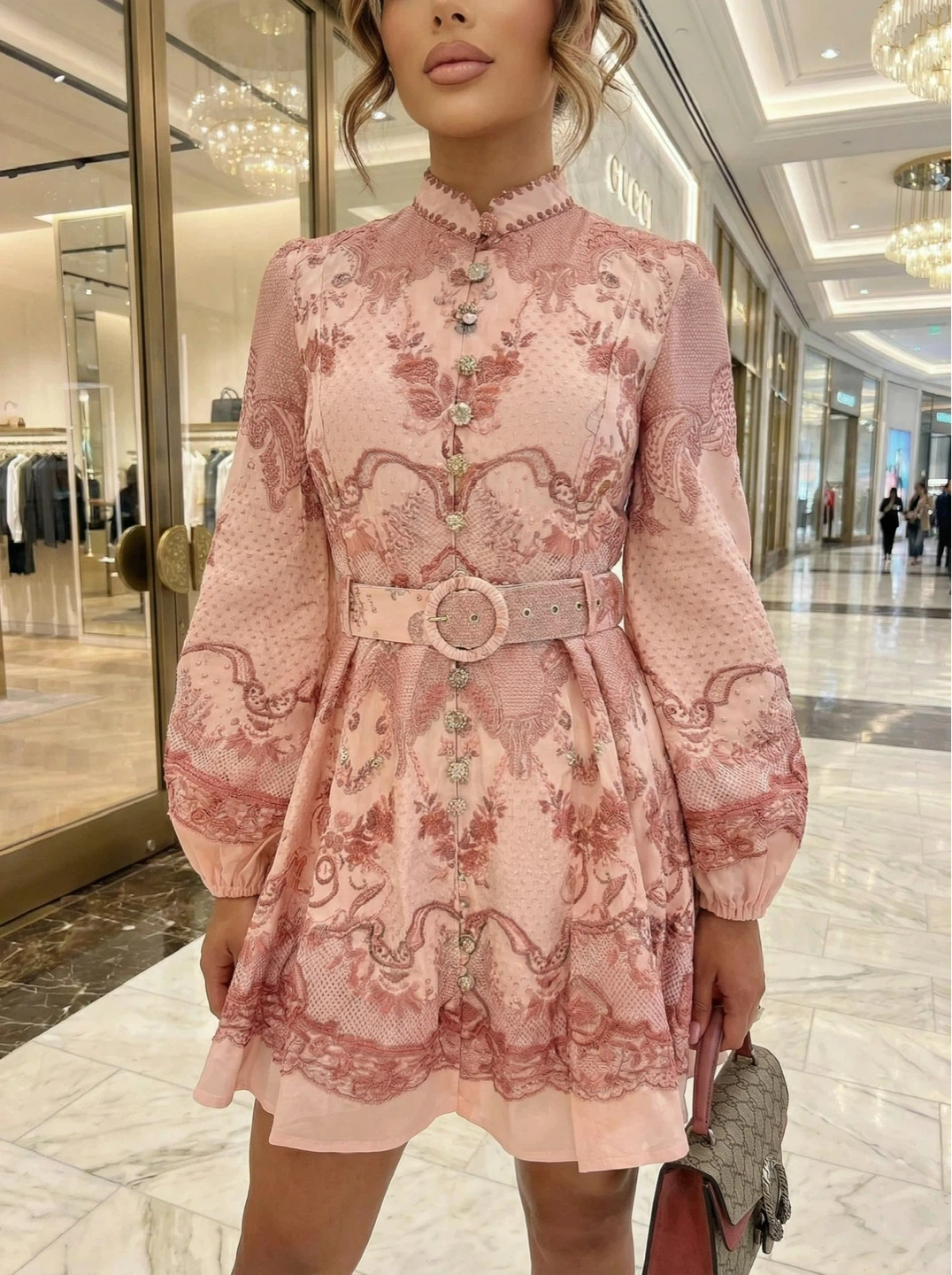 Pink Floral Print Long Sleeve Dress with Belt S/M