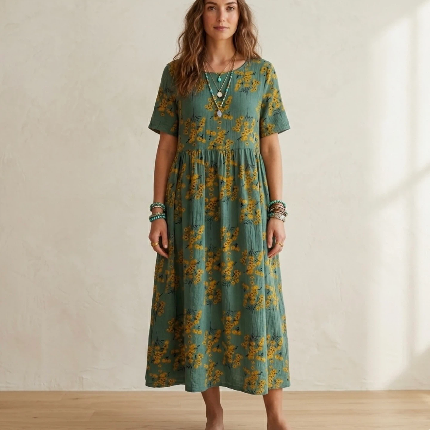 Unbranded Green Yellow Floral Short Sleeve Maxi Dress M