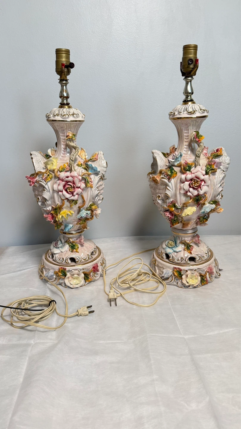 Vintage Benrose Porcelain Lamps (Set of 2)  Floral Rococo Style - photo 2