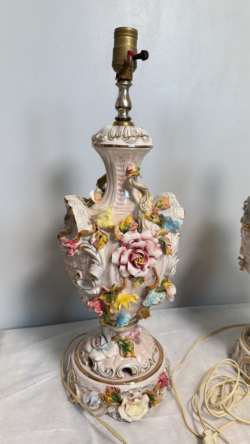 Vintage Benrose Porcelain Lamps (Set of 2)  Floral Rococo Style - photo 3