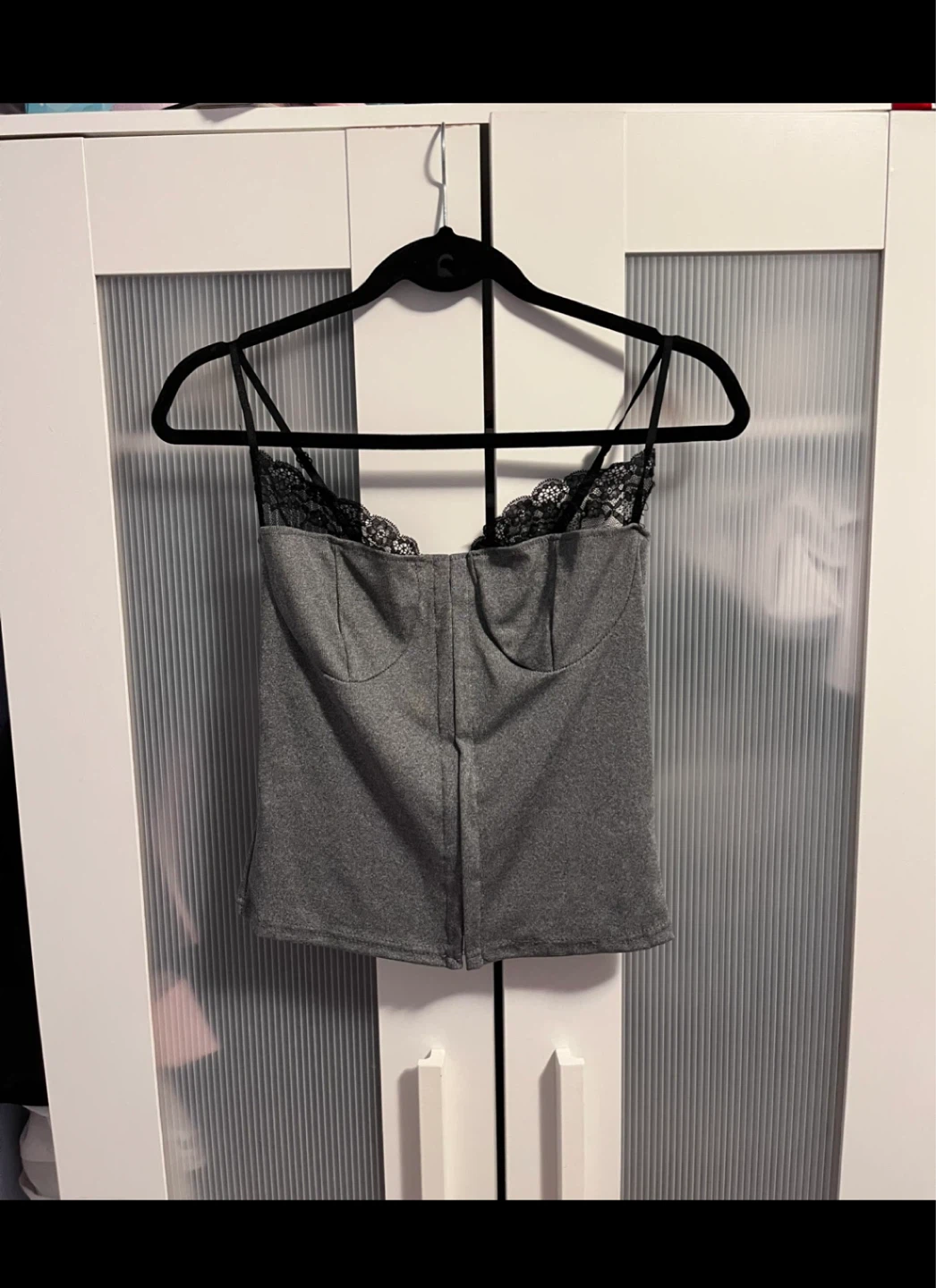 Grey Corset Tank Top with Black Lace Trim M