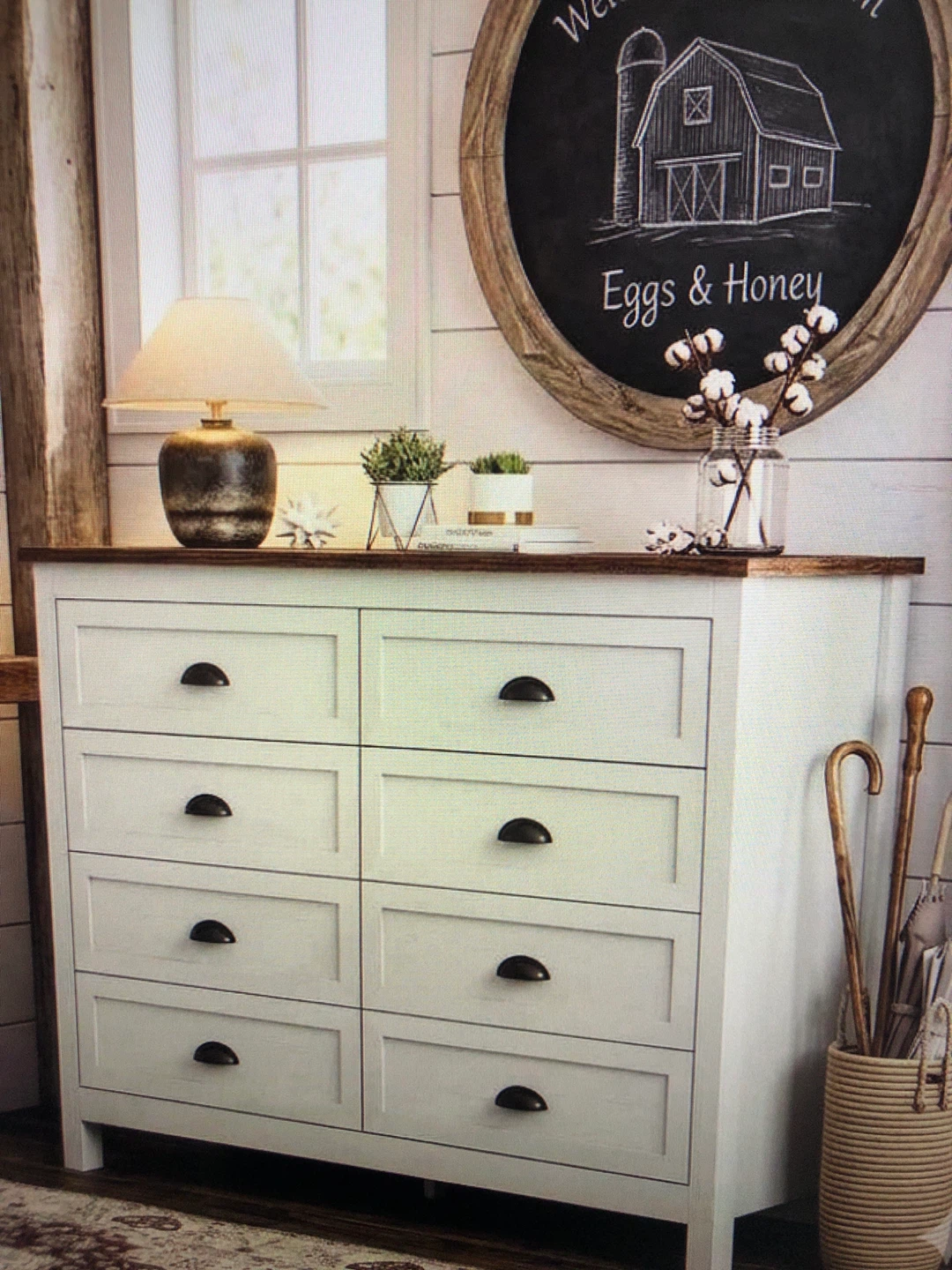 White Eight-Drawer Dresser with Black Hardware