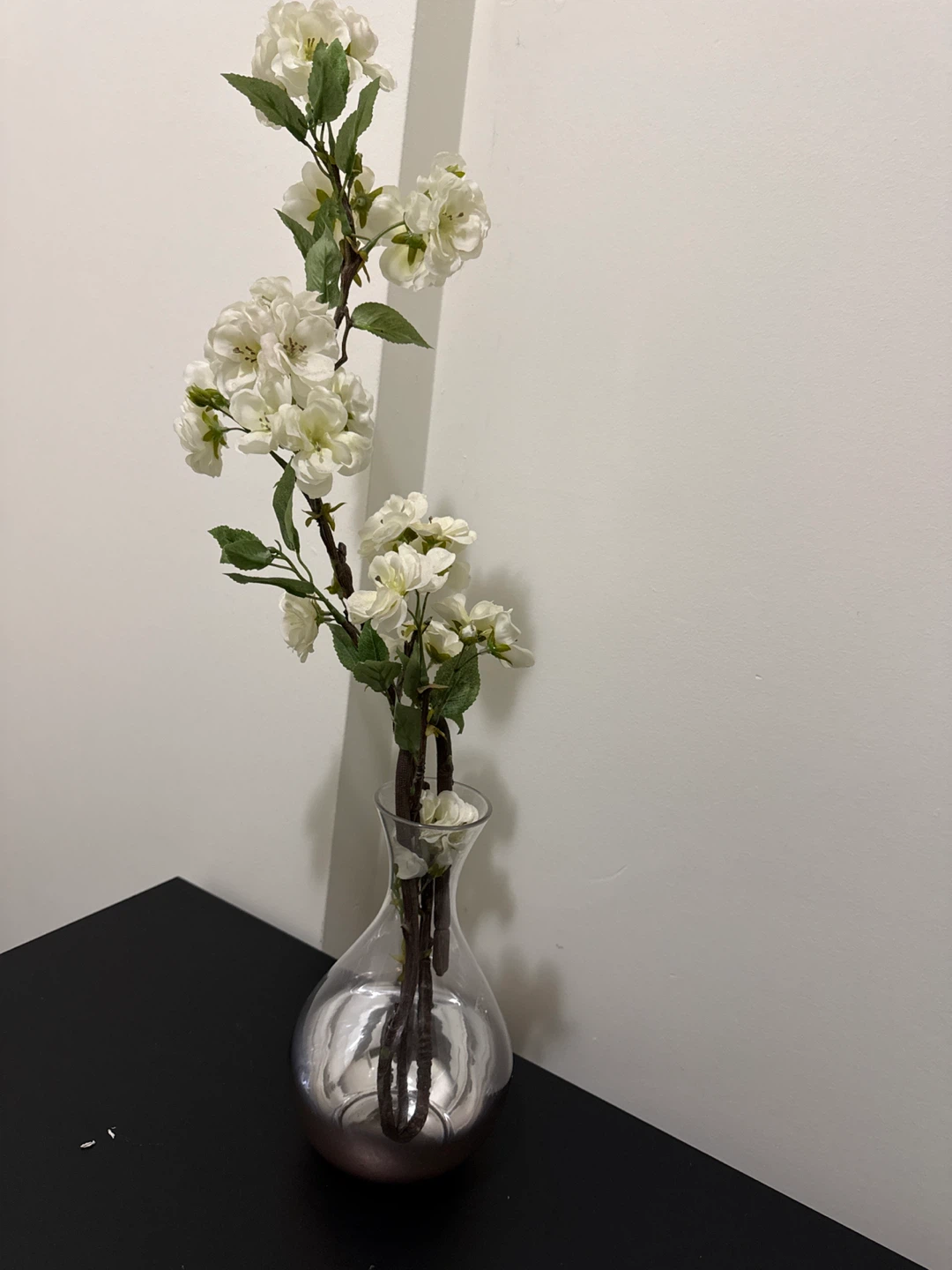 White Faux Cherry Blossom Branch in Glass Vase