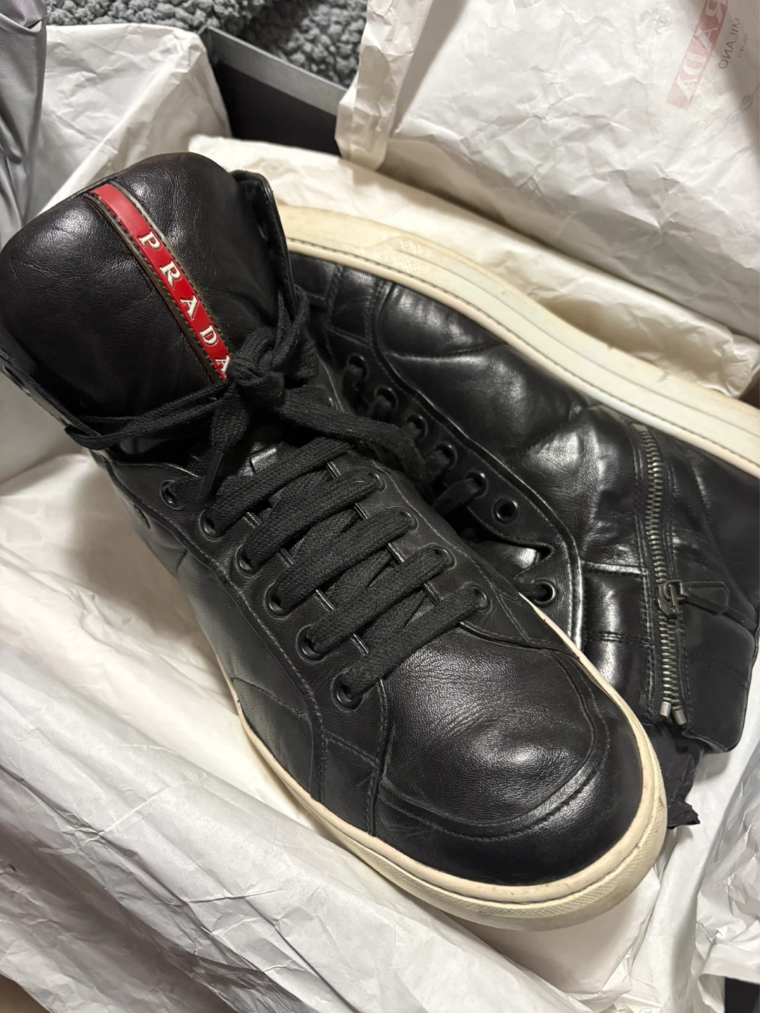 Prada Black Leather High-Top Sneakers