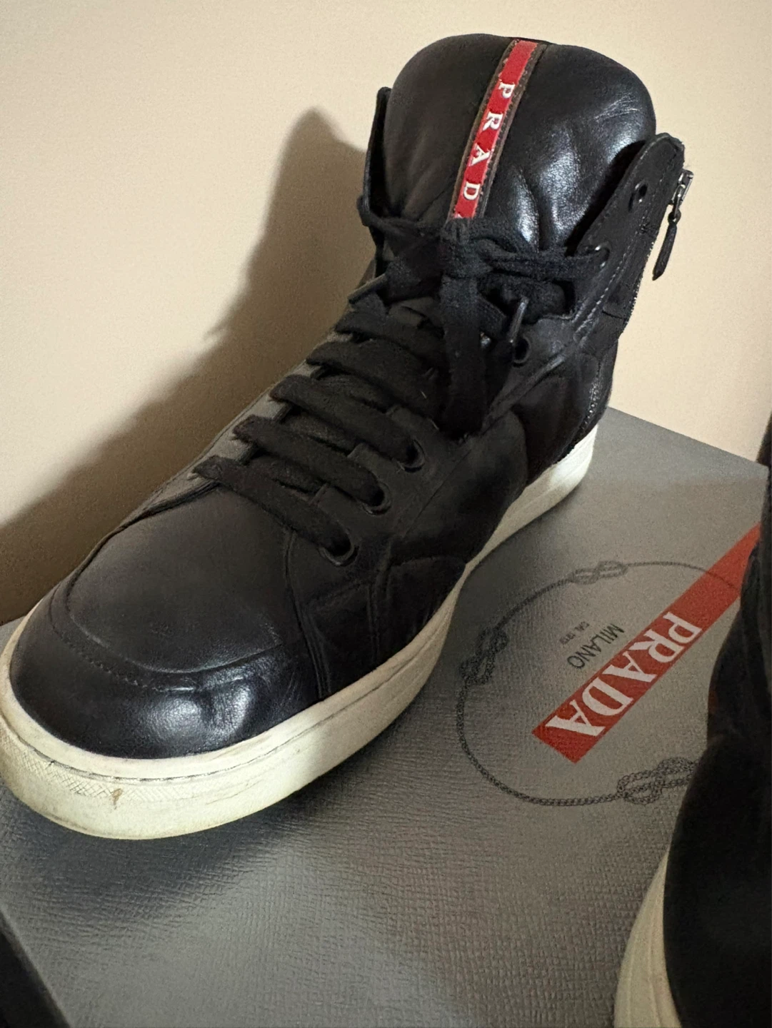 Prada Black Leather High-Top Sneakers - photo 2
